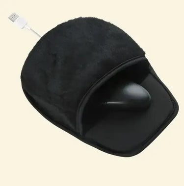 Black Heated mouse pad with USB cable on a beige background